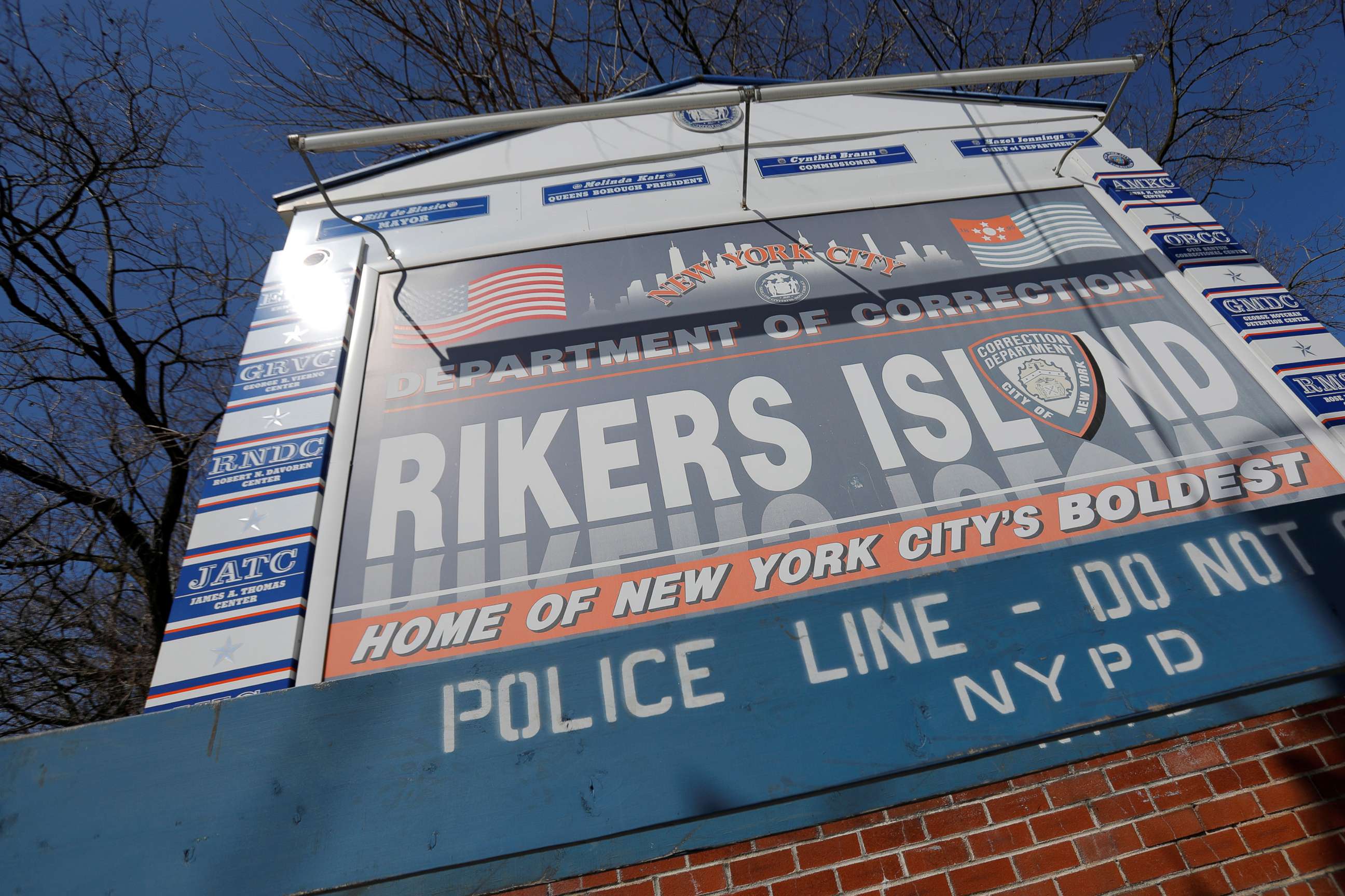 PHOTO: Signage is seen outside of Rikers Island, a prison facility, where multiple cases of the coronavirus have been confirmed in Queens, New York, March 22, 2020. 