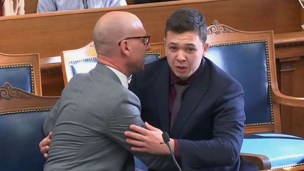 PHOTO: Kyle Rittenhouse is comforted by his lawyer as he was acquitted of all charges at the Kenosha County Courthouse in Kenosha, Wis., on Friday, Nov. 19, 2021.