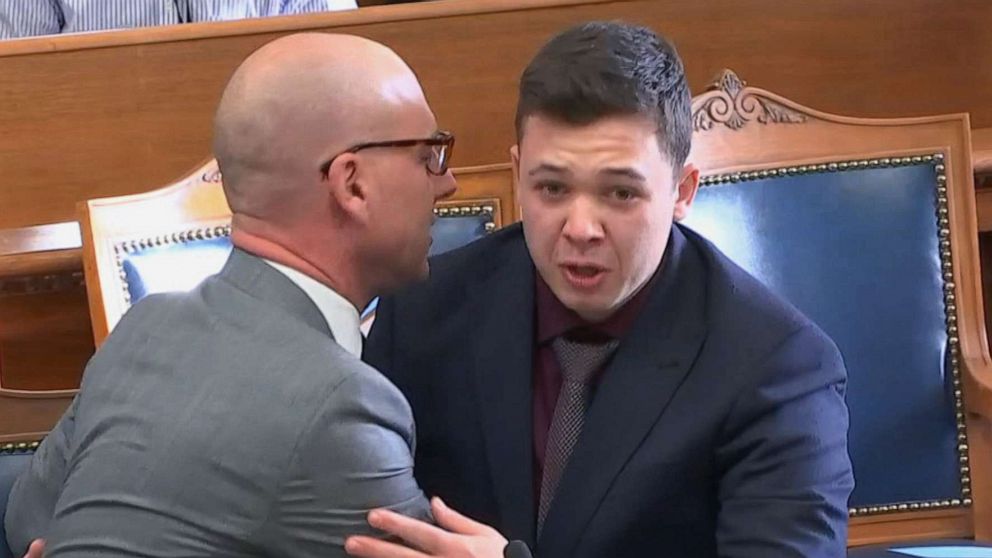 PHOTO: Kyle Rittenhouse is comforted by his lawyer as he was acquitted of all charges at the Kenosha County Courthouse in Kenosha, Wis., on Friday, Nov. 19, 2021.