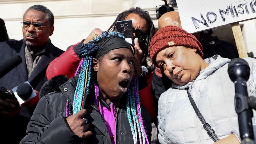 PHOTO: People, including Jacob Blake's aunt Tanya Blake, right, react to the verdict in the trial of Kyle Rittenhouse, outside the Kenosha County Courthouse in Kenosha, Wis., Nov. 19, 2021.