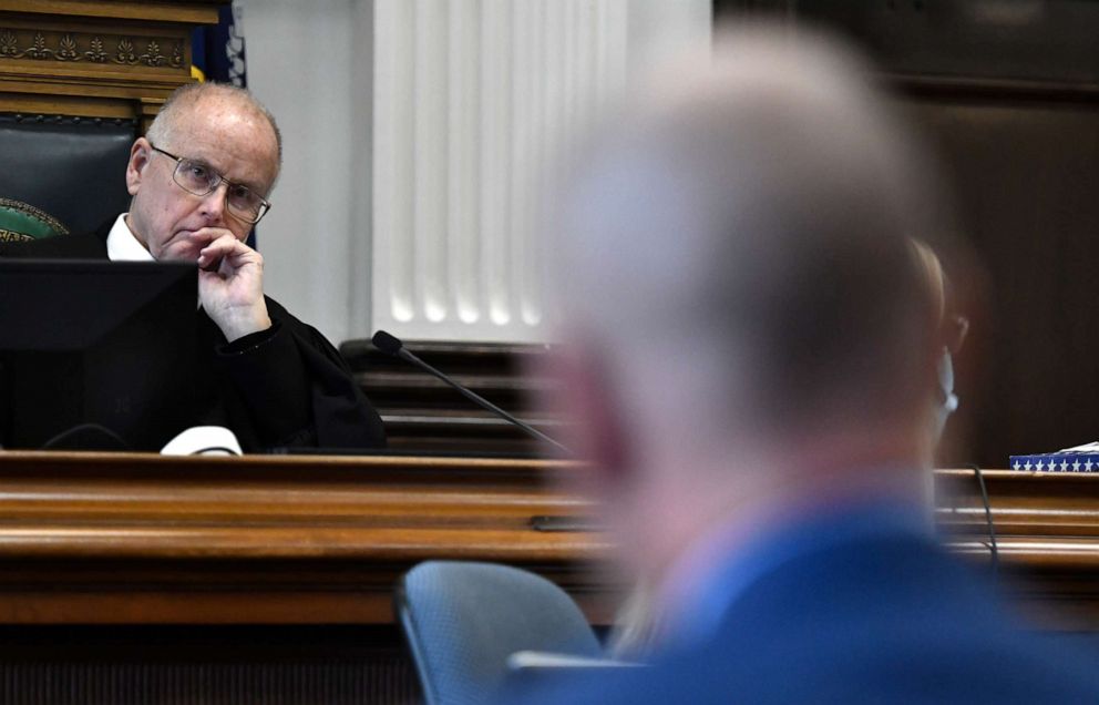PHOTO: Judge Bruce Schroeder listens as Corey Chirafisi, an attorney for Kyle Rittenhouse, speaks during a motion hearing at the Kenosha County Courthouse in Kenosha, Wis. on Oct. 25, 2021.