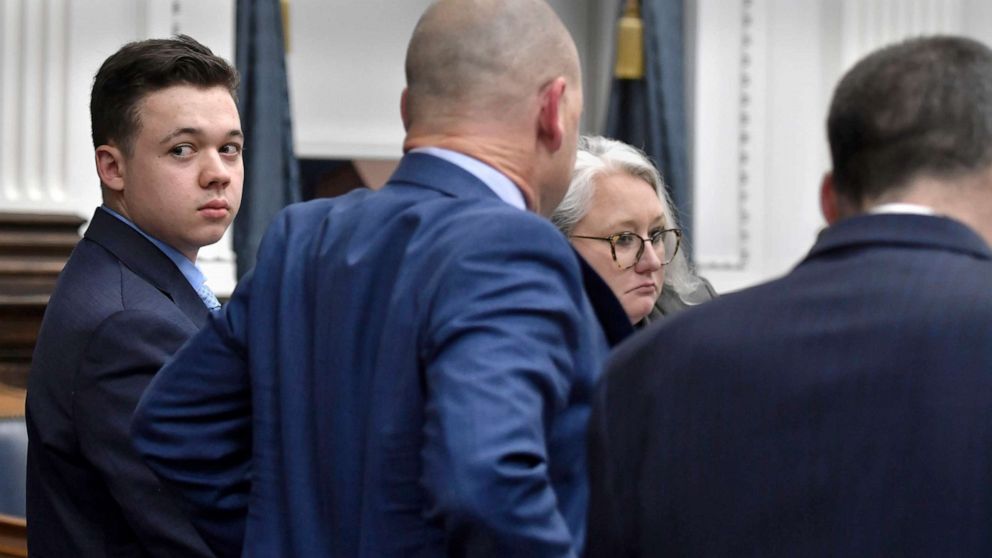 PHOTO: Kyle Rittenhouse looks back before going on a break during closing arguments at his trial at the Kenosha County Courthouse on Nov. 15, 2021 in Kenosha, Wis. 