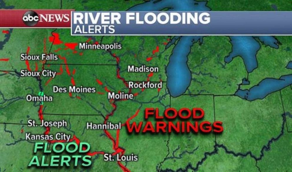 PHOTO: Flood warnings and alerts are still in place across much of the Plains and Upper Midwest on Sunday.