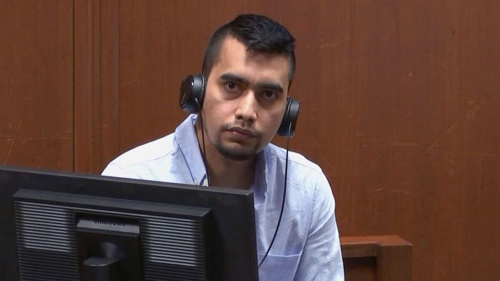 PHOTO: Cristhian Bahena Rivera listens to court proceedings as he takes the witness stand during his trial, May 26, 2021, in the Scott County Courthouse in Davenport, Iowa. 