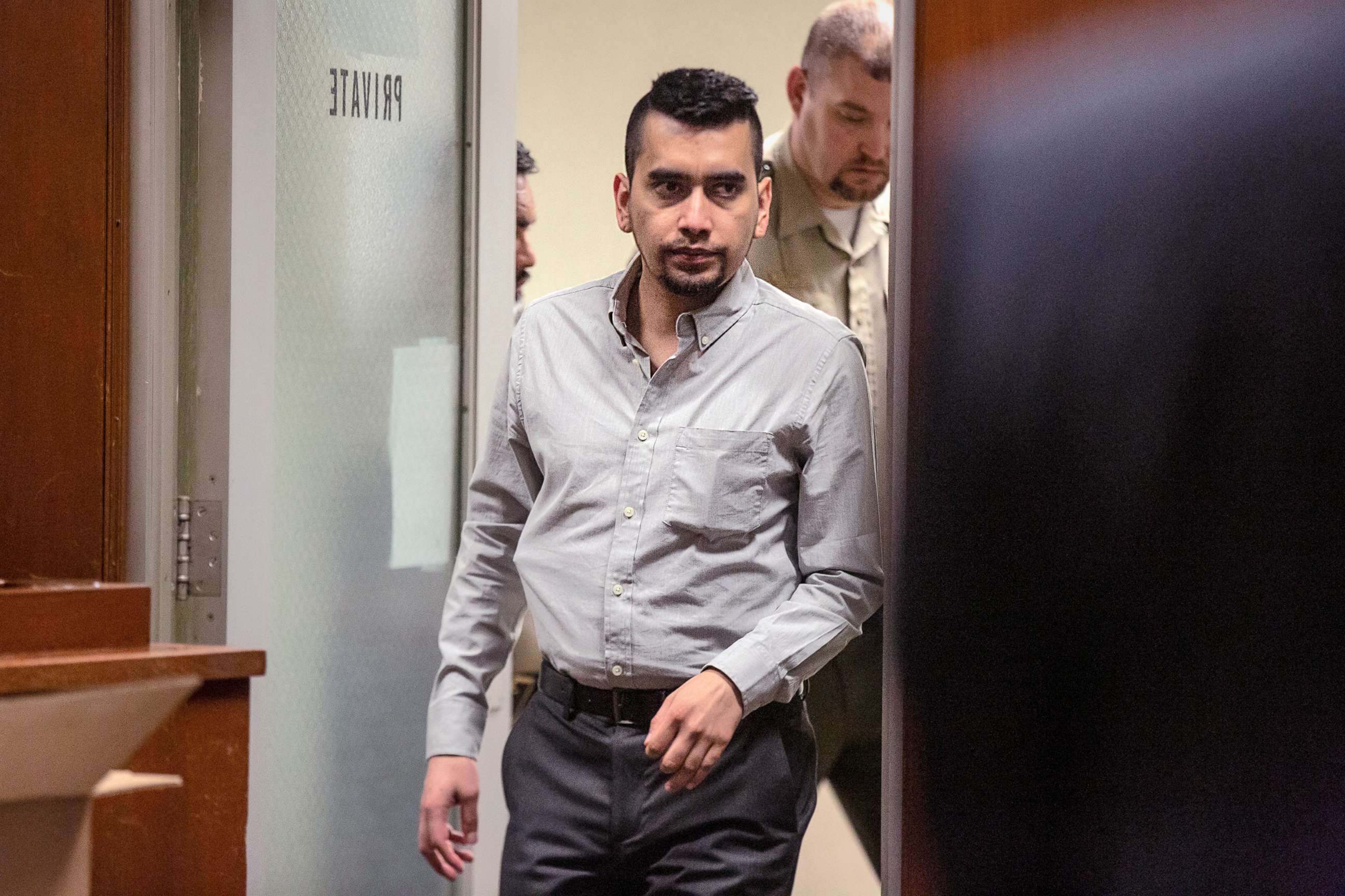 PHOTO: Cristhian Bahena Rivera enters the courtroom following a break, May 24, 2021, in the Scott County Courthouse, in Davenport, Iowa. Bahena Rivera is on trial after being charged with first degree murder in the death of Mollie Tibbetts in July 2018.