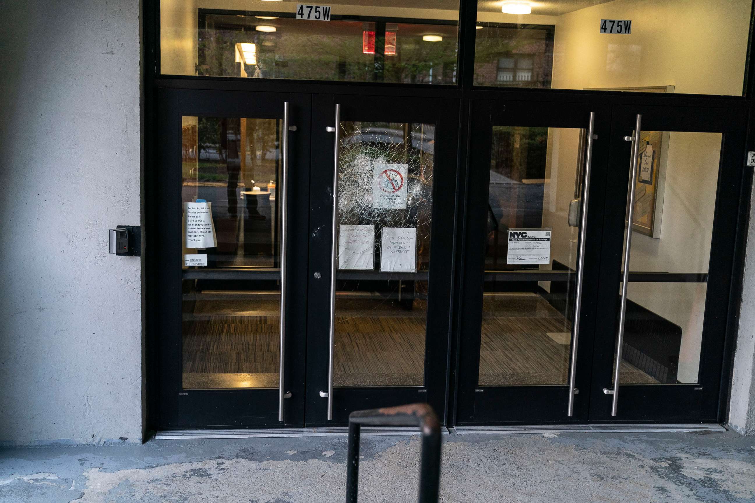 PHOTO: Glass doors were smashed at the Conservative Synagogue Adath Israel of Riverdale in Riverdale, N.Y., April 25, 2021.