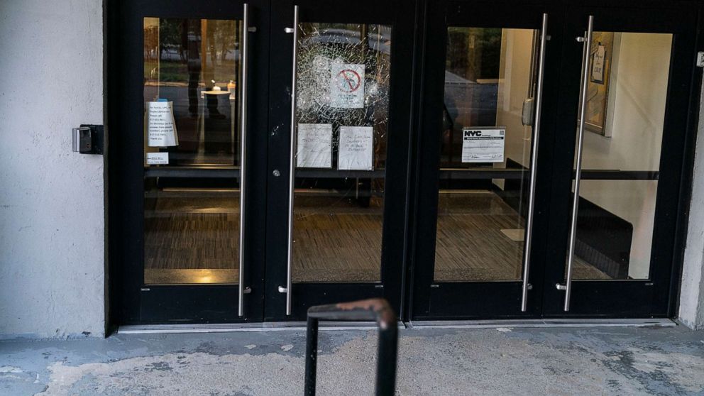 PHOTO: Glass doors were smashed at the Conservative Synagogue Adath Israel of Riverdale in Riverdale, N.Y., April 25, 2021.