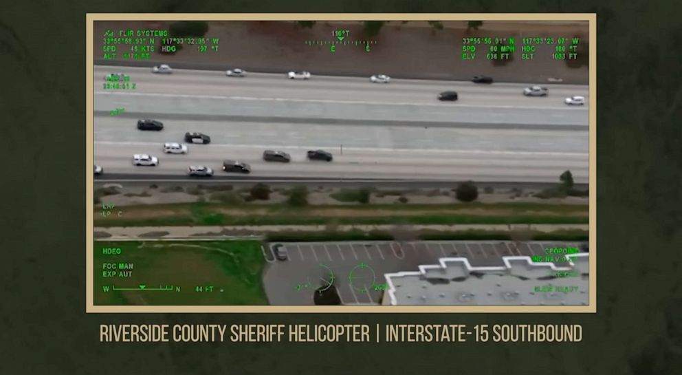 PHOTO: Helicopter footage released by the Riverside County Sheriff's Department shows the pursuit of William Shea McKay on Interstate 15, Dec. 29, 2022.