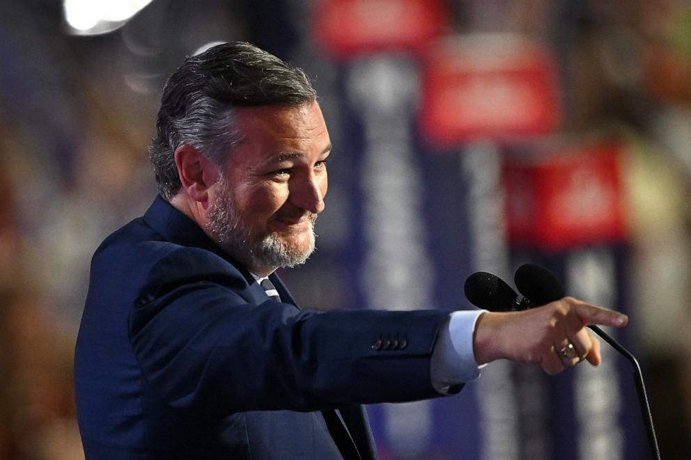 PHOTO: Sen. Ted Cruz speaks on stage on the second day of the Republican National Convention, July 16, 2024, in Milwaukee.