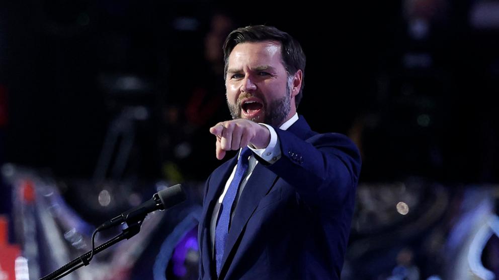 PHOTO: Republican vice-presidential candidate J.D. Vance gestures as he speaks during the third day of the 2024 Republican National Convention in Milwaukee, July 17, 2024. 