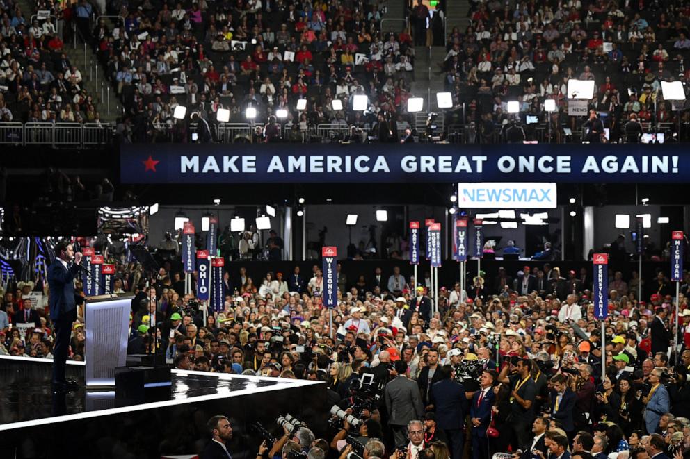 PHOTO: Republican vice-presidential candidate, J.D. Vance speaks on stage on the third day of the Republican National Convention, July 17, 2024, in Milwaukee.