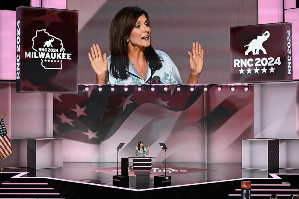 PHOTO: Nikki Haley speaks during the second day of the 2024 Republican National Convention, in Milwaukee, July 16, 2024.

