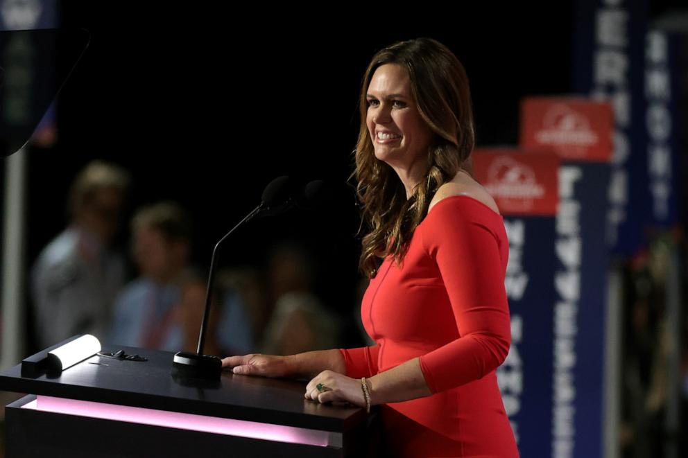 PHOTO: Arkansas Gov. Sarah Huckabee Sanders speaks on stage on the second day of the Republican National Convention, July 16, 2024, in Milwaukee.