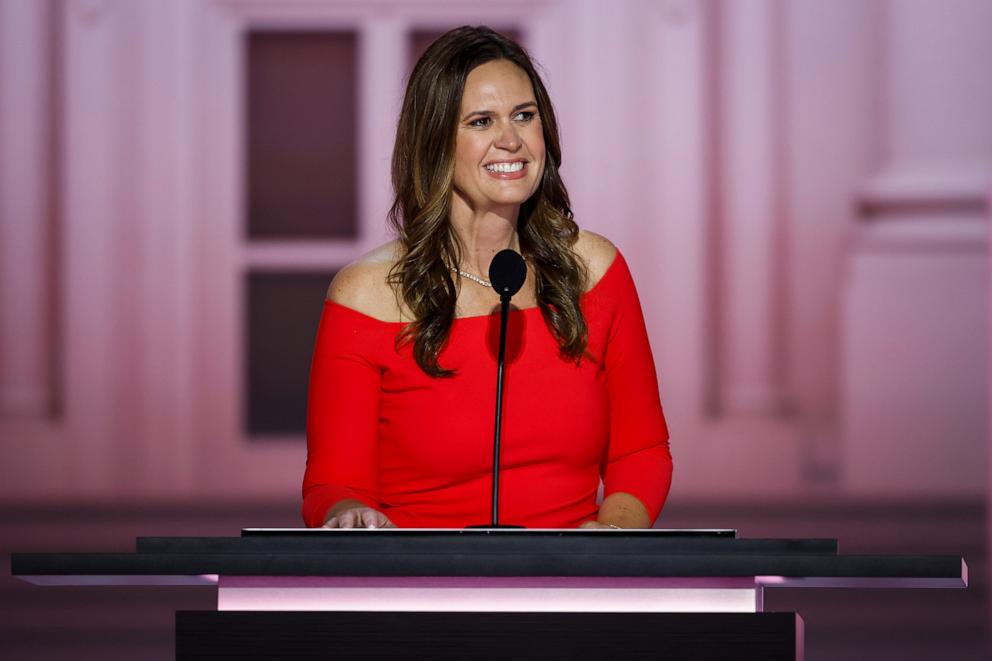 PHOTO: In this July 16, 2024, file photo, Arkansas Gov. Sarah Huckabee Sanders appears on stage on the second day of the Republican National Convention in Milwaukee.