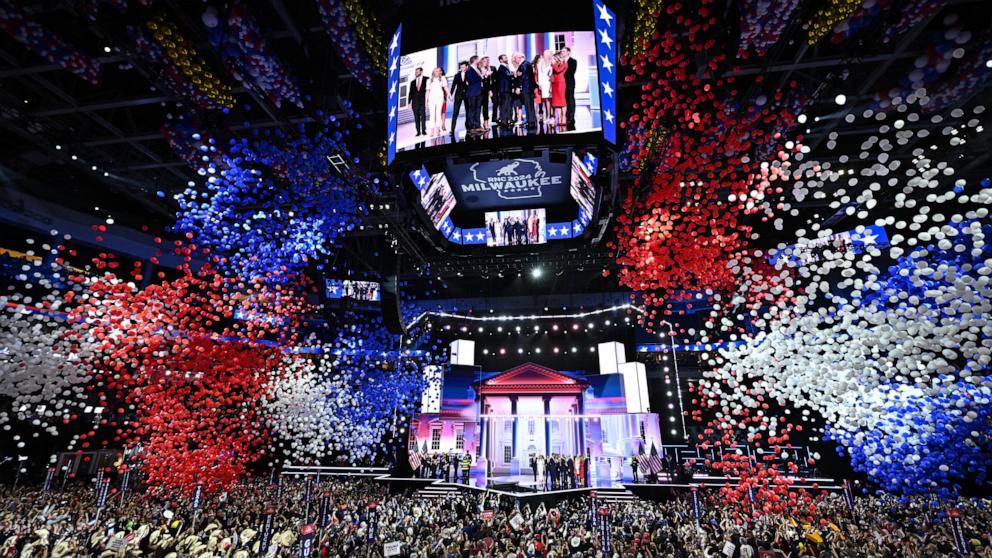 PHOTO: Balloons fall after former President Donald Trump accepted his party's nomination on the last day of the 2024 Republican National Convention, in Milwaukee, Wisconsin, July 18, 2024. 