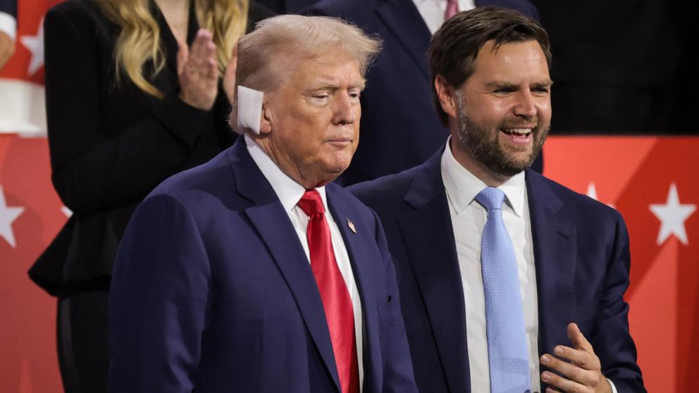 PHOTO: Republican presidential candidate, former U.S. President Donald Trump, and Republican Vice-Presidential candidate, Sen. JD Vance appear on the first day of the Republican National Convention, July 15, 2024, in Milwaukee.