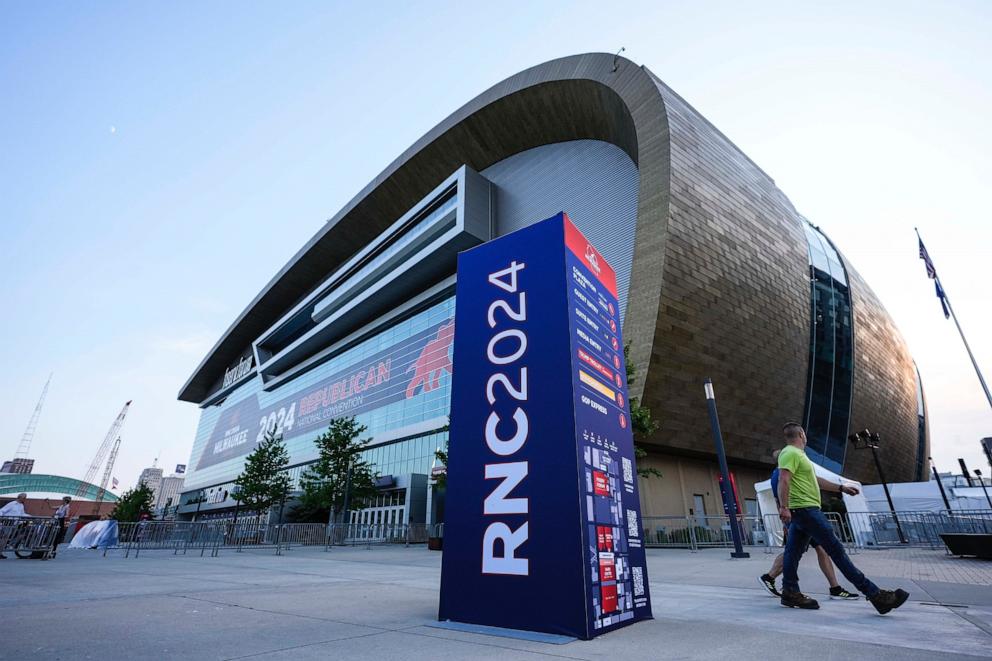 PHOTO: People walk outside the Fiserv Forum ahead of the 2024 Republican National Convention, Saturday, July 13, 2024, in Milwaukee, Wisconsin.