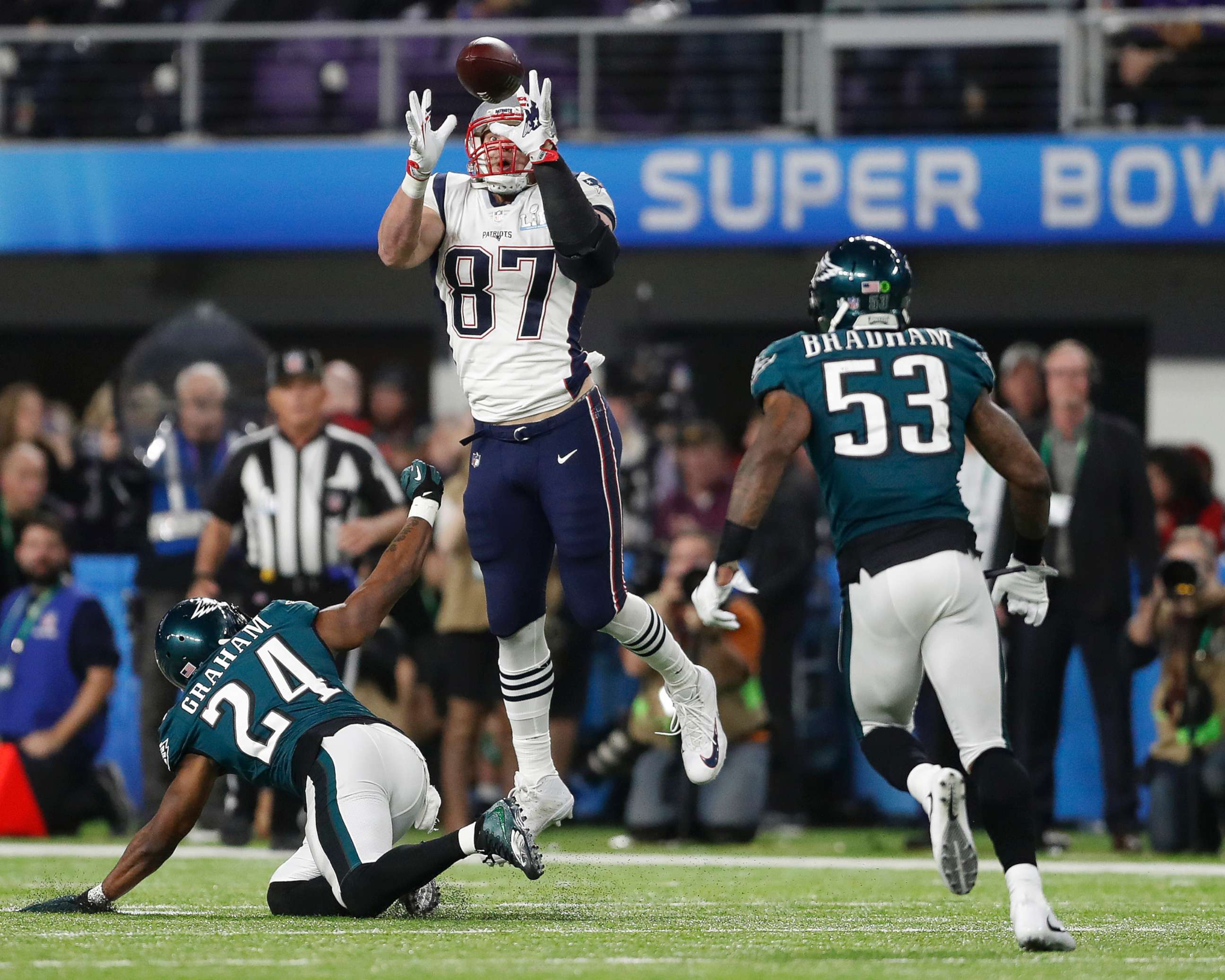 PHOTO: New England Patriots' Rob Gronkowski catches a pass during the second half of the NFL Super Bowl 52 football game against the Philadelphia Eagles, Feb. 4, 2018, in Minneapolis.