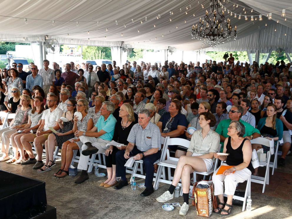 PHOTO: Mourners gather during a memorial service for Rob Hiaasen, one of the journalists killed in the shooting at The Capital Gazette newspaper offices, July 2, 2018, in Owings Mills, Md.