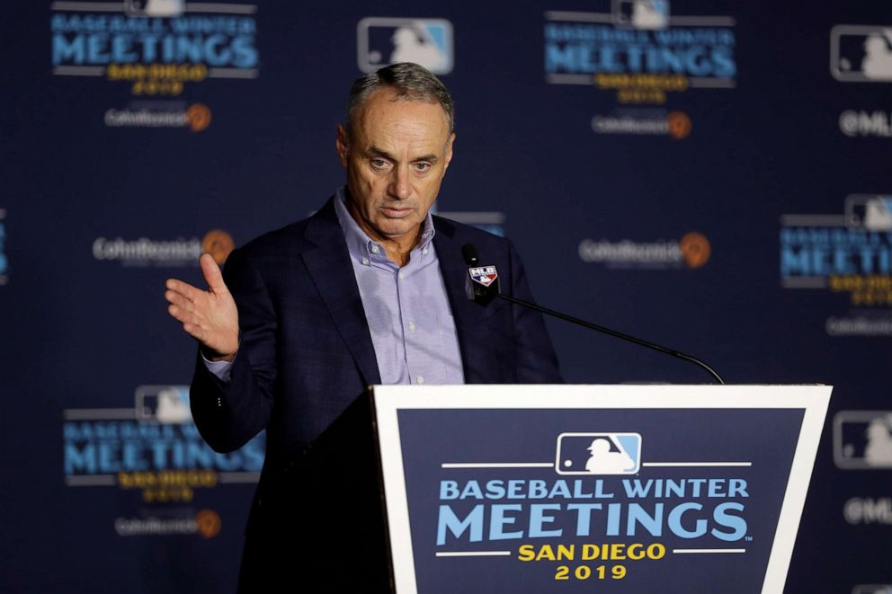 PHOTO: Commissioner Rob Manfred speaks during the Major League Baseball winter meetings, Dec. 11, 2019, in San Diego.
