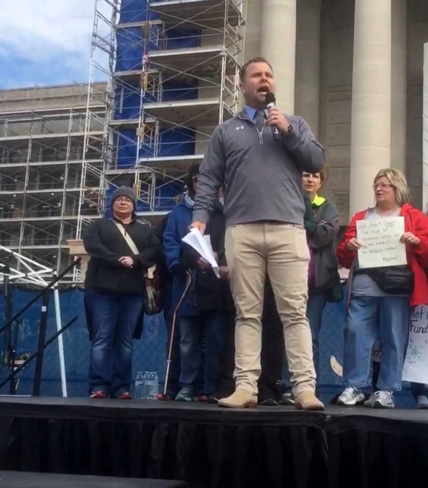 PHOTO: High school teacher Rob Davis, 39, seen on April 3 speaking at a teacher's rally at the Oklahoma state capitol. 
