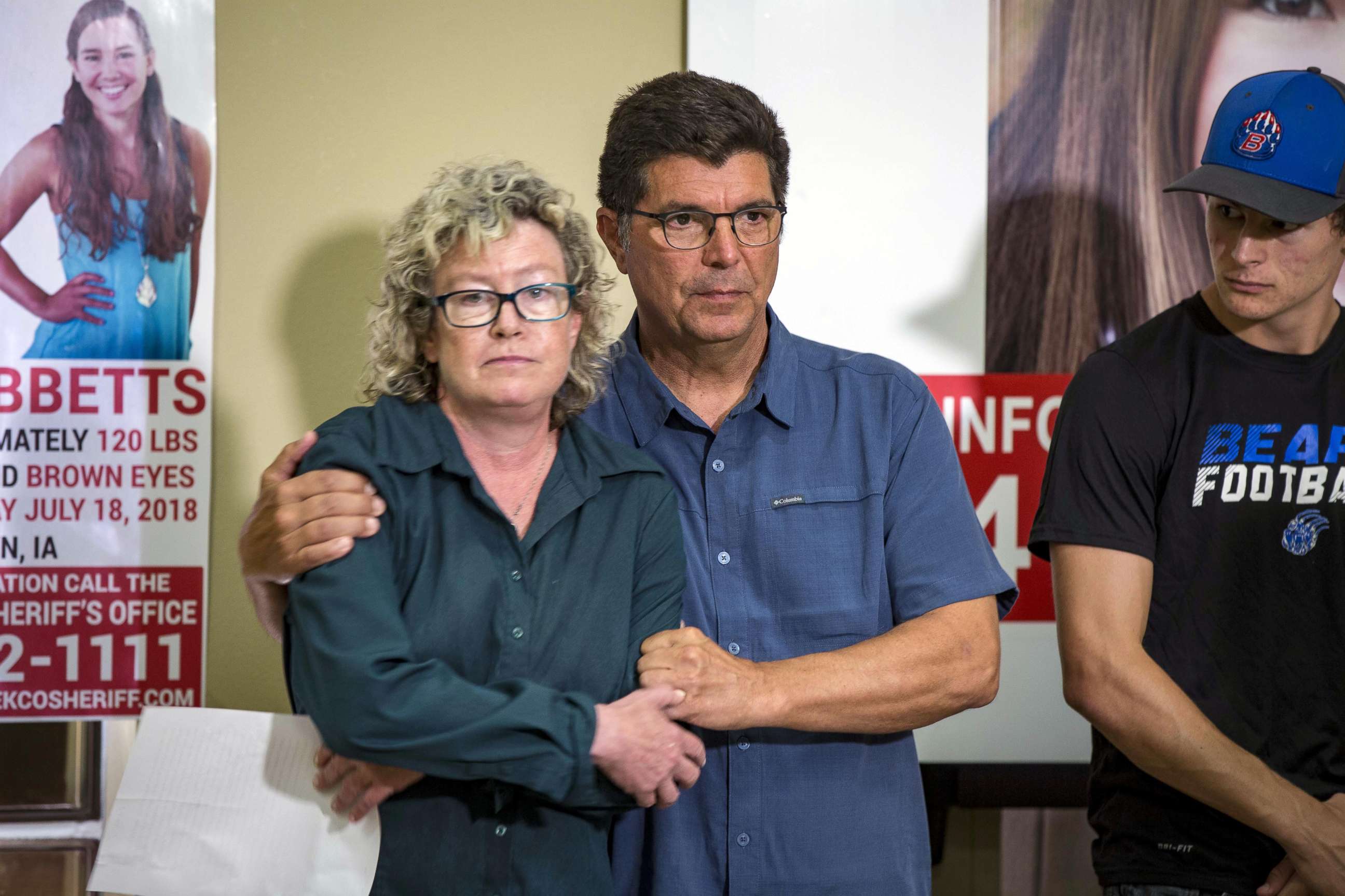 PHOTO: Laura Calderwood and Rob Tibbetts, the parents of missing of Iowa student Mollie Tibbetts, hold each other during a press conference for the "Bring Mollie Tibbetts Home Safe" reward fund in Brooklyn, Iowa, Aug. 2, 2018.