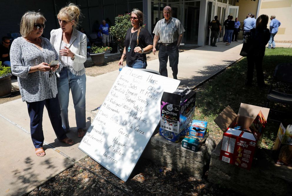 PHOTO: A blackboard with the list of classes / teachers is displayed outside the Ssgt Willie de Leon Civic Center, where students had been transported from Robb Elementary School to be picked up after a suspected shooting, in Uvalde, Texas, on May 24, 2022.
