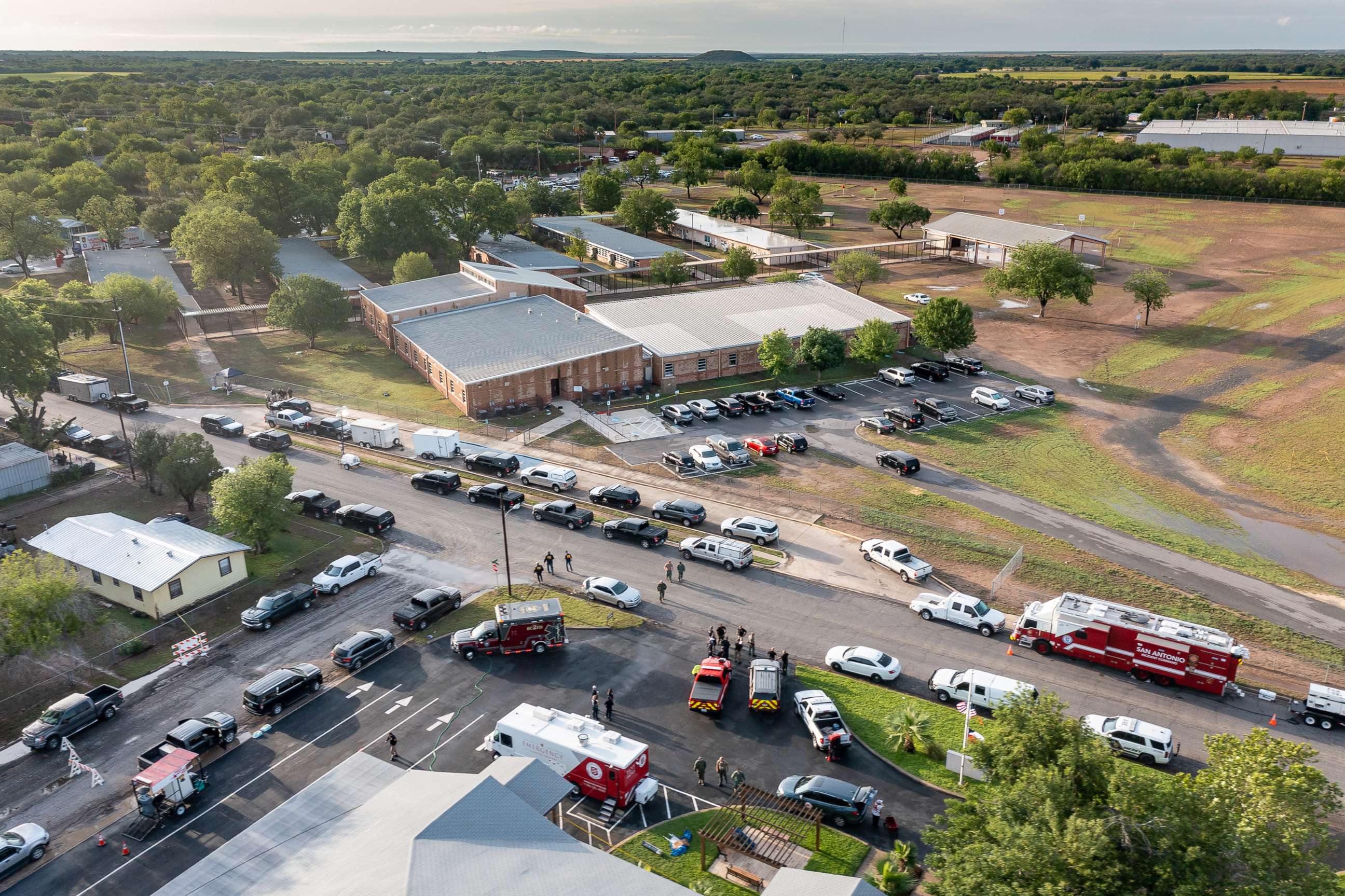 PHOTO: An aerial view of Robb Elementary School, May 25, 2022, as law enforcement works at the scene of a May 24 mass shooting that left 21 people dead, including 19 children, in Uvalde, Texas.