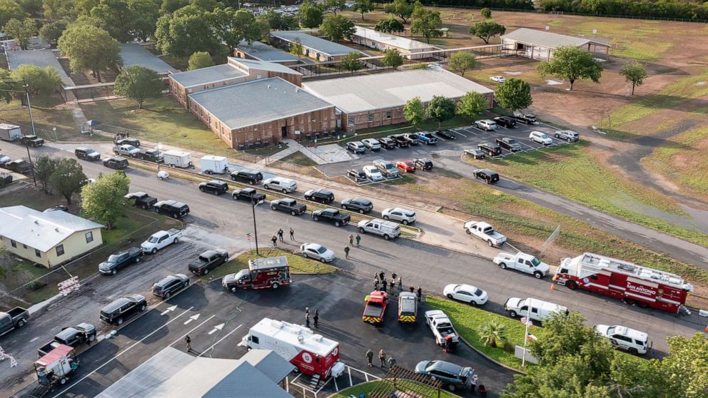 PHOTO: An aerial view of Robb Elementary School, May 25, 2022, as law enforcement works at the scene of a May 24 mass shooting that left 21 people dead, including 19 children, in Uvalde, Texas.
