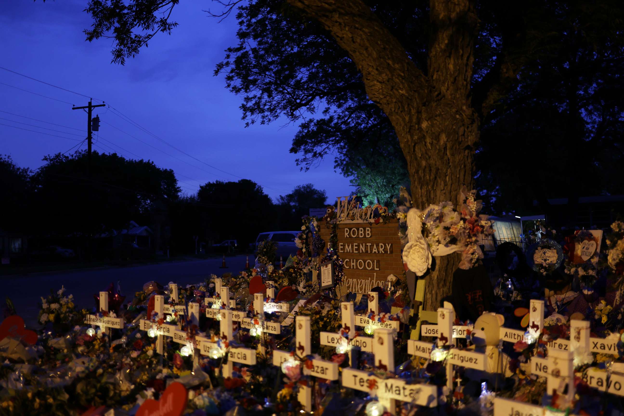PHOTO: Wooden crosses are placed at a memorial dedicated to the victims of the mass shooting at Robb Elementary School, in a photo taken June 3, 2022 in Uvalde, Texas.