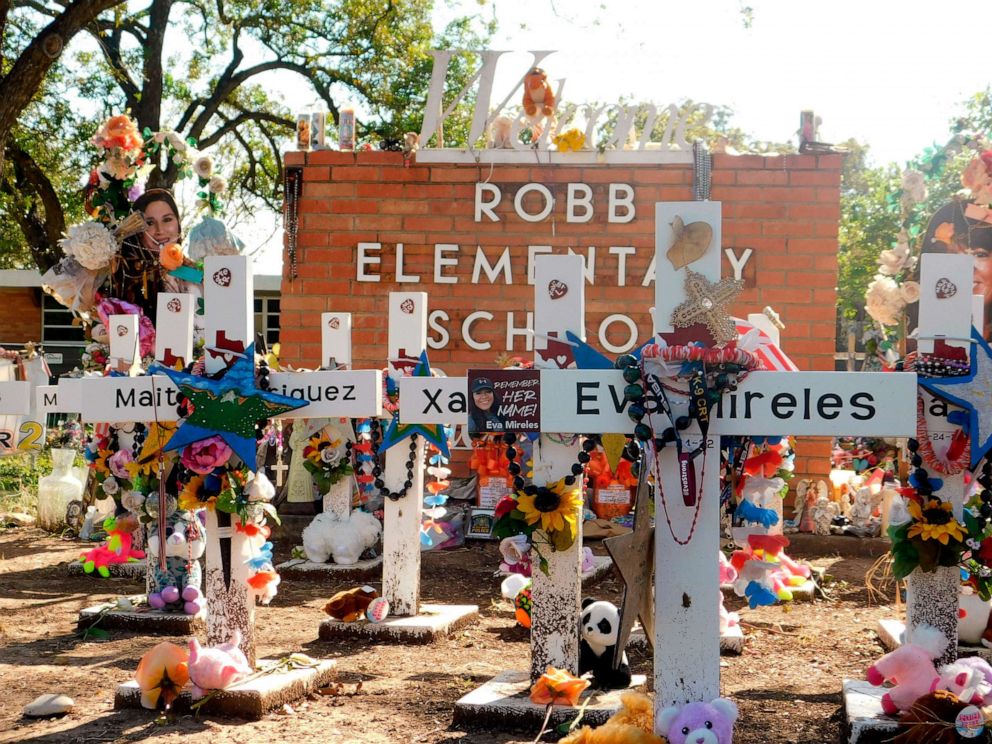 PHOTO: A memorial to the 19 children and two teachers killed in the May shooting is located in front of Robb Elementary on October 24, 2022 in Uvalde, Texas.
