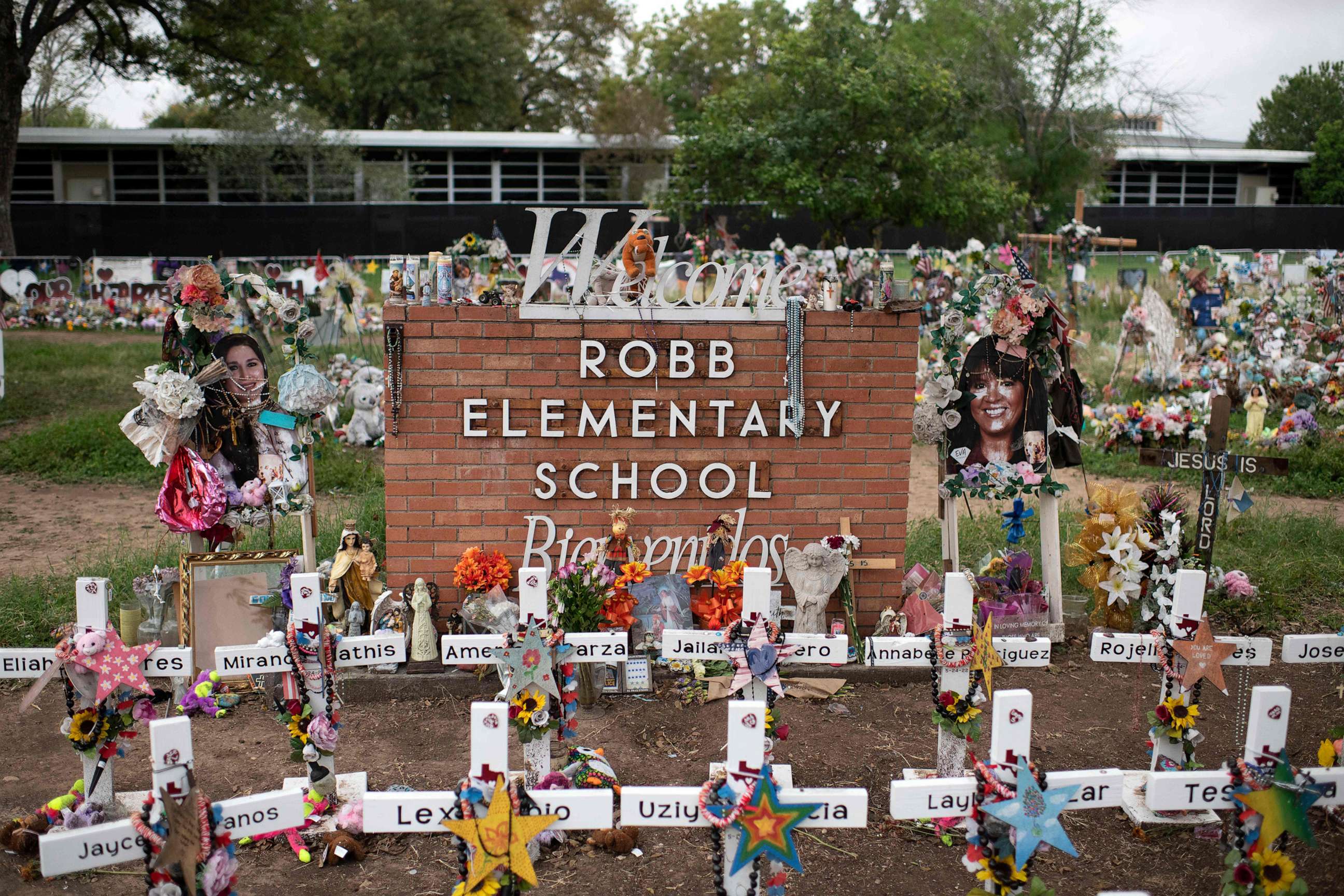 PHOTO: Crosses set up to honor those who lost their lives during the Robb Elementary School shooting in Uvalde, Texas, Nov. 8, 2022.