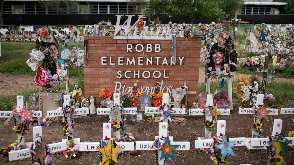 PHOTO: Crosses set up to honor those who lost their lives during the Robb Elementary School shooting in Uvalde, Texas, Nov. 8, 2022.