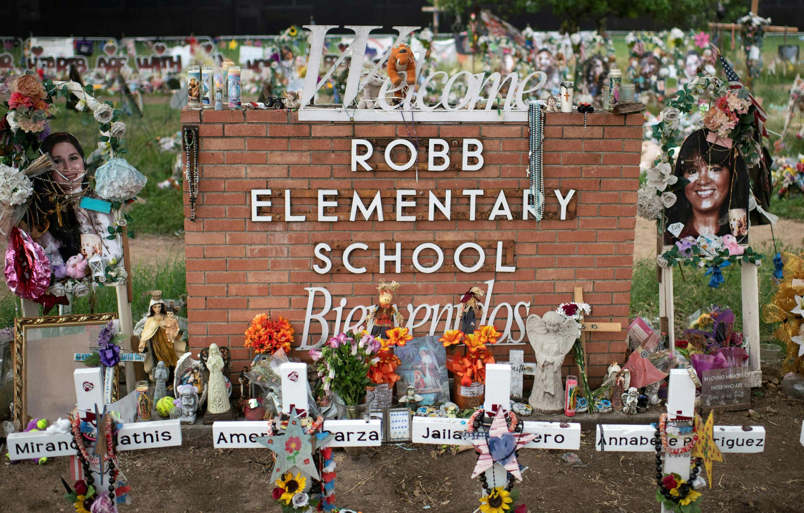PHOTO: Crosses set up to honor those who lost their lives during the Robb Elementary School shooting in Uvalde, Texas on Nov. 8, 2022.