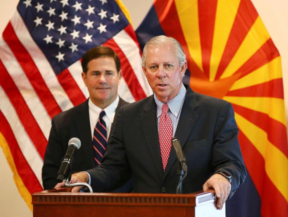 PHOTO:Dr. Robert C. Robbins, president of the University of Arizona, and Arizona Gov. Doug Ducey give an update on the COVID-19 pandemic response, April 14, 2020, during a press conference at the Arizona Commerce Authority in Phoenix. 