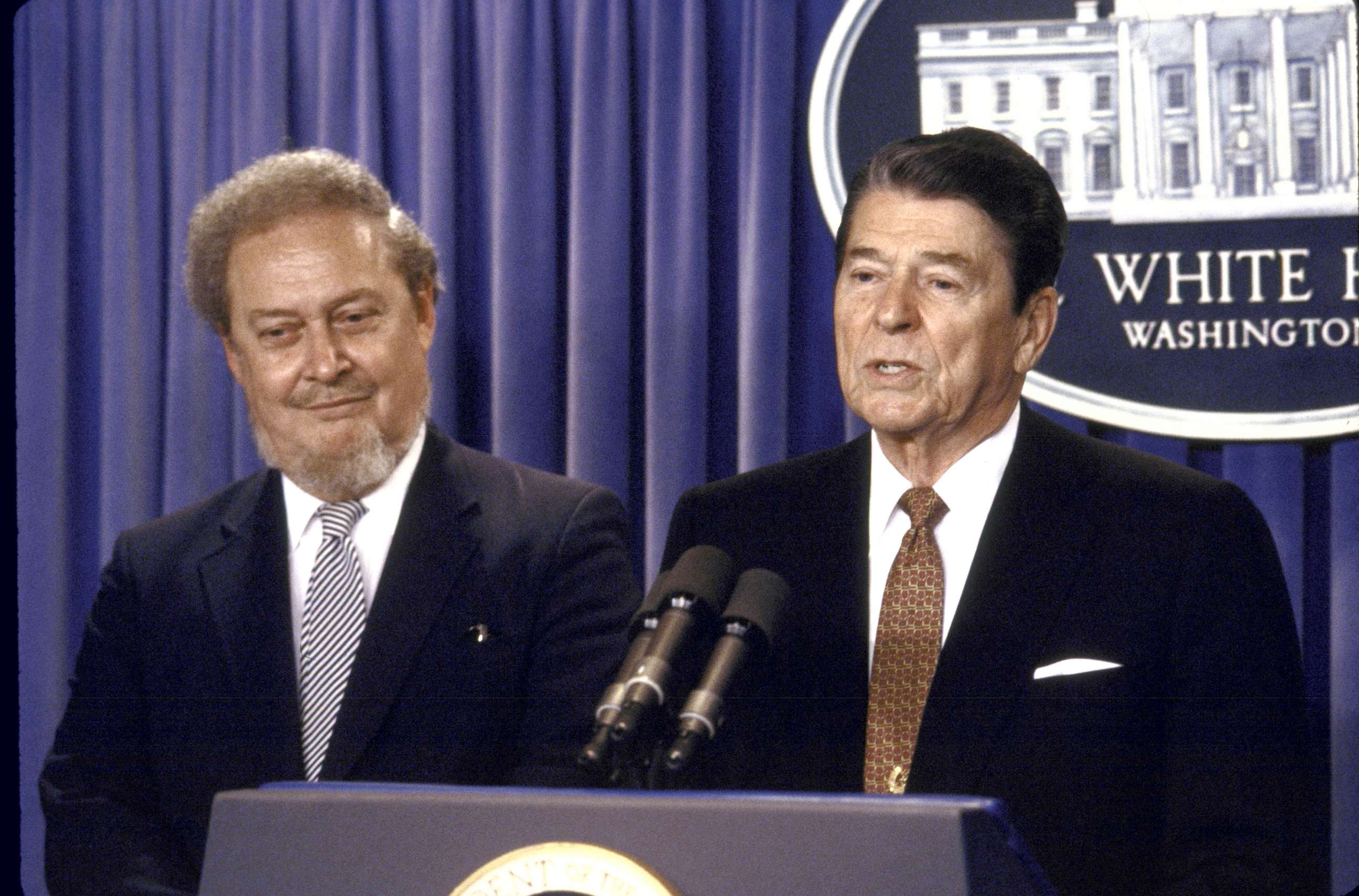 PHOTO: President Ronald W. Reagan speaking at a press conference while standing with his Supreme Court Justice nominee Robert H. Bork, July 1, 1987.