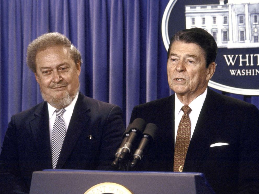 PHOTO: President Ronald W. Reagan speaking at a press conference while standing with his Supreme Court Justice nominee Robert H. Bork, July 1, 1987.