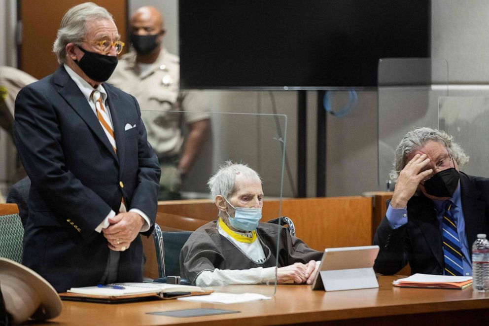 PHOTO: Robert Durst seated next to defense attorneys Dick DeGuerin, left, and David Chesnoff during his sentencing hearing at the Airport Courthouse in Los Angeles, Oct. 14, 2021.