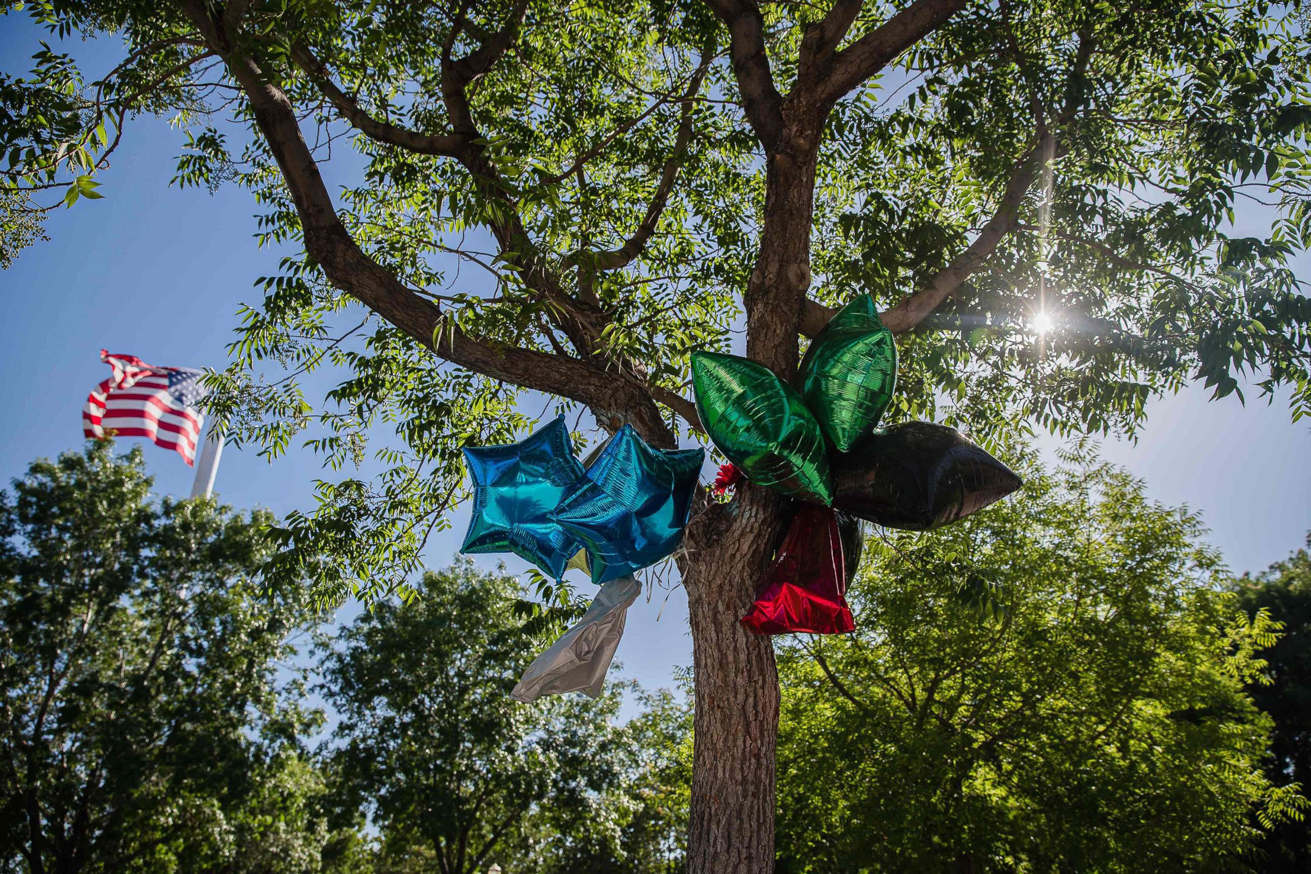 PHOTO: Balloons hang from a tree as a makeshift memorial for Robert Fuller at Palmdale City Hall, as people gather to demand justice for Robert Fuller, a young black man who was found hanging from a tree, on June 16, 2020, in Palmdale, Calif.