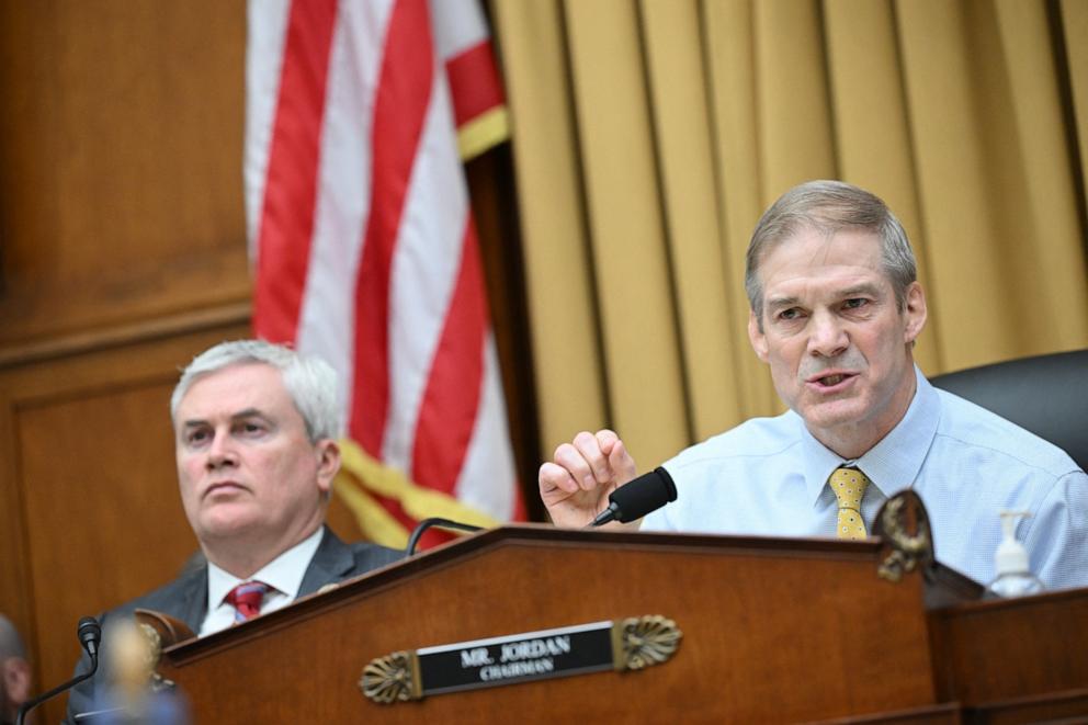 PHOTO: Rep. and Chairman Jim Jordan with Rep. James Comer speaks during the testimony of Special Counsel Robert Hur before a House Judiciary Committee in Washington, Mar. 12, 2024.
