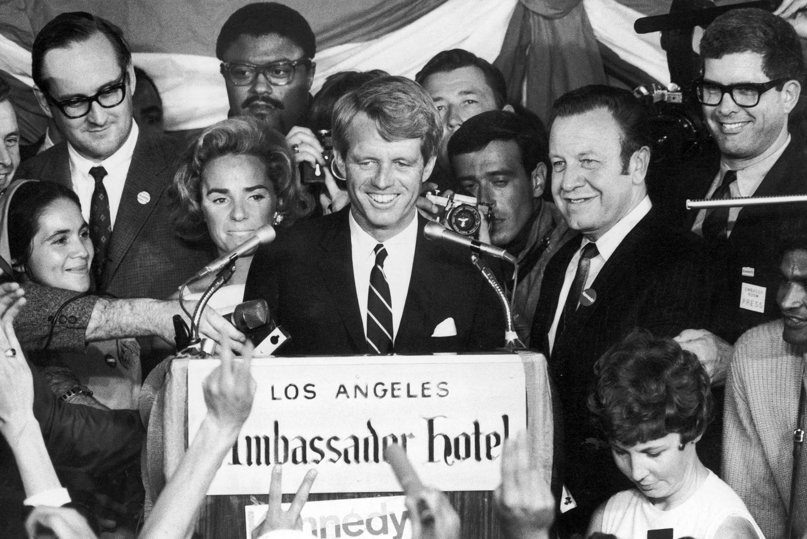 PHOTO: Sen. Robert Kennedy addressing a crowd from a stage with his wife Ethel moments before Kennedy's assassination, Ambassador Hotel in Los Angeles, June 5, 1968.