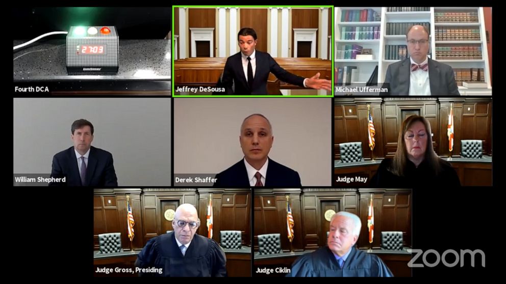 PHOTO: The Florida Fourth District Court of Appeal holds a virtual hearing over the decision in video evidence in the solicitation case for Patriots owner Robert Kraft, June 30, 2020.