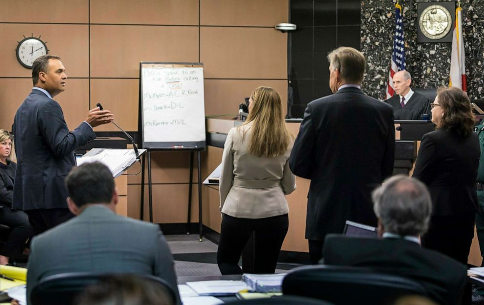 PHOTO: William Burck, left, one of during New England Patriots owner Robert Kraft's attorneys, speaks during a hearing in Kraft's prostitution solicitation case, April 12, 2019, in West Palm Beach, Fla.