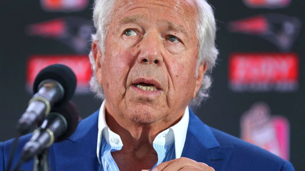 PHOTO: New England Patriots owner Robert Kraft holds a medal containing a wedding photo of him and his late wife Myra at a press conference in Foxborough, Mass., Aug. 9, 2017. Kraft said he wore if for 11 months straight after she died.