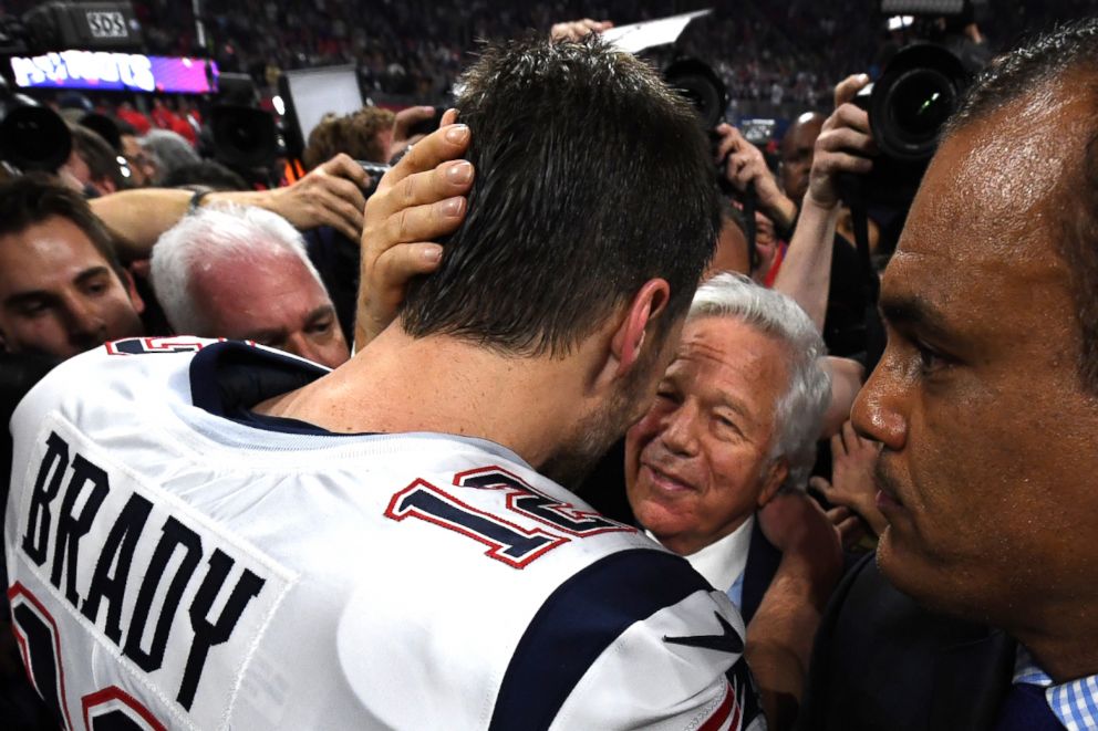 PHOTO: New England Patriots Quarterback Tom Brady celebrates with owner Robert Kraft after Super Bowl LIII between the New England Patriots and the Los Angeles Rams in Atlanta, Feb. 3, 2019.