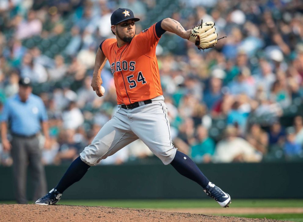 PHOTO: Reliever Roberto Osuna, of the Houston Astros, delivers a pitch during a game against the Seattle Mariners at Safeco Field, Aug. 22, 2018, in Seattle.