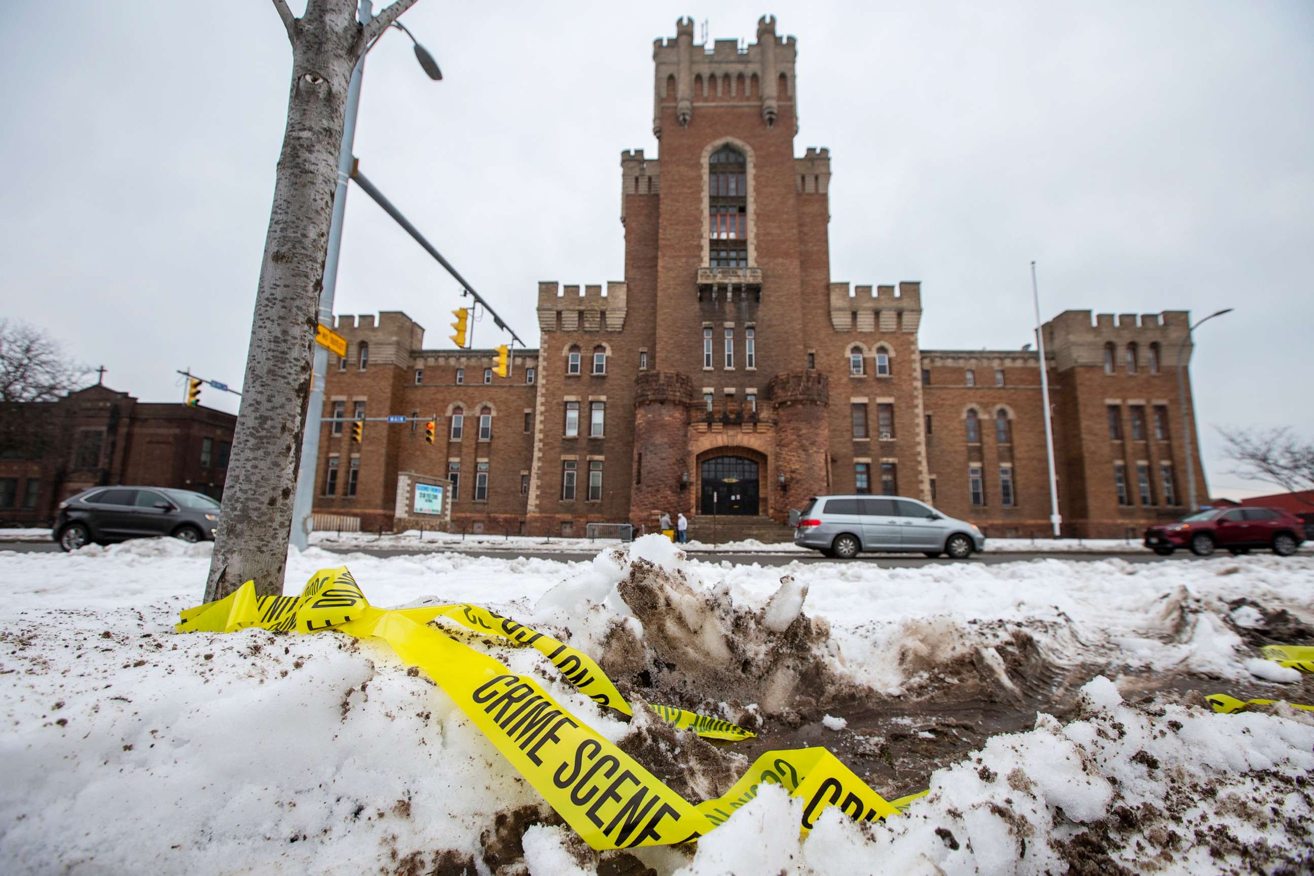 PHOTO: Police tape remains on the ground outside of the Main Street Armory on March 6, 2023, in Rochester, N.Y.