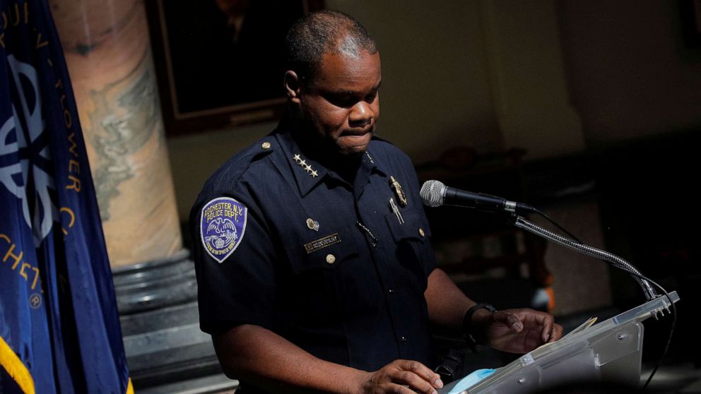 PHOTO: Rochester Police Chief La'Ron Singletary speaks during a news conference regarding the protests over the death of a Black man, Daniel Prude, after police put a spit hood over his head during an arrest on March 23, in Rochester, N.Y., Sept. 6, 2020.