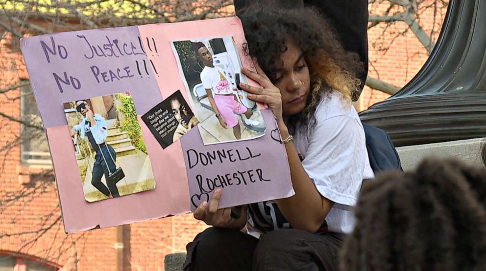 PHOTO: People protest the death of 18-year-old Donnell Rochester, who was fatally shot by a Baltimore Police Officer on Feb. 19., in Baltimore, March 25, 2022.