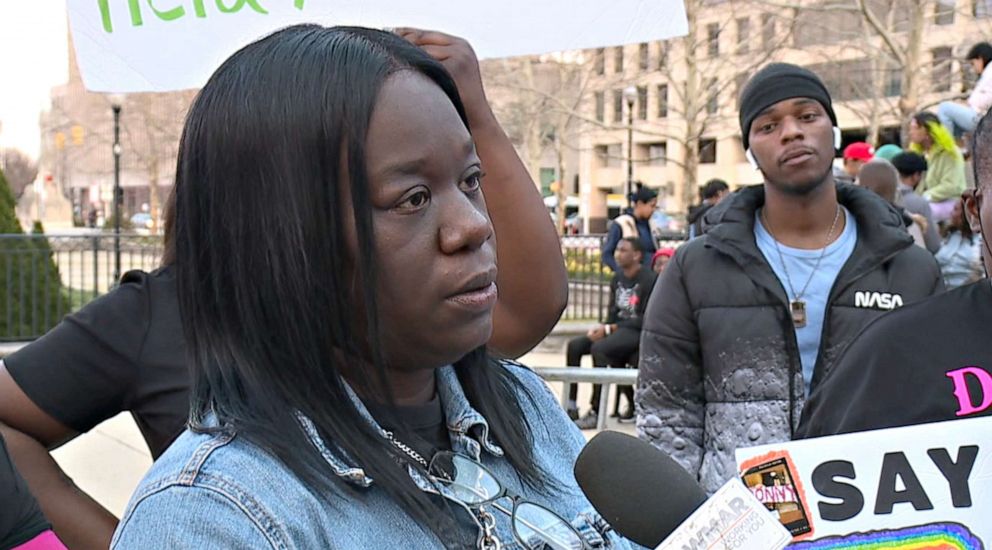 PHOTO: Donnell Rochester's mother, Danielle Brown, speaks to a reporter, March 25, 2022 during a protest in Baltimore.